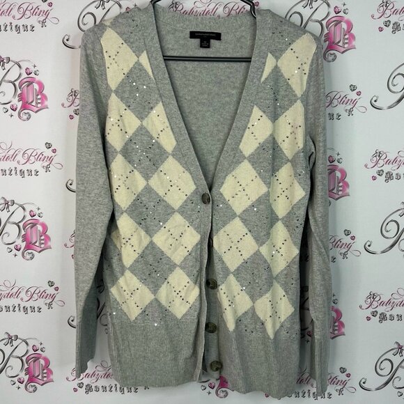 Banana Republic cardigan sparkly sequins embr Gray and Cream Argyle Cardigan - Picture 1 of 8